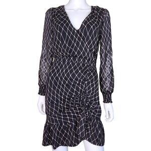 Allison New York Dress Women Small Black Diamond Print Ruffle Ruched Quiet Luxe